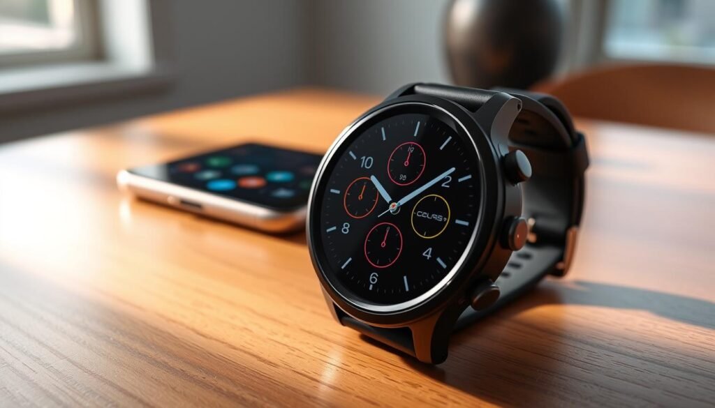 Amazfit Bip 6 smartwatch prominently displayed in the foreground, showcasing its vibrant AMOLED display, sleek rounded design, and customizable watch faces. The smartwatch is shown resting on a subtle, stylish wooden desk, with a soft-focus smartphone in the background displaying notifications. Natural light streams in from a nearby window, creating a warm, inviting atmosphere that highlights the watch's features. The angle is slightly tilted to emphasize the watch's sleek profile and modern aesthetics. The overall mood is professional yet approachable, reflecting budget-friendly excellence, appealing to tech-savvy Android users. No human figures present, ensuring a clean, distraction-free composition.