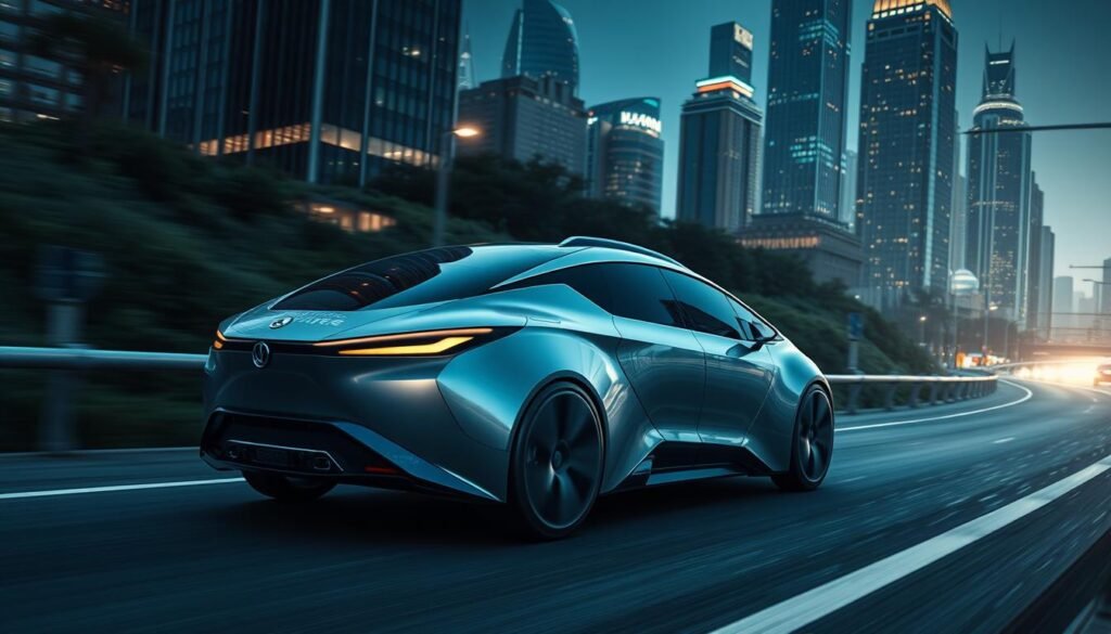 An ultra-sleek, futuristic autonomous vehicle glides effortlessly down a winding road, its advanced sensors and cameras meticulously monitoring the surroundings. The vehicle's exterior features a seamless, aerodynamic design in a striking metallic finish, complemented by sharp, angular lines that evoke a sense of technological sophistication. Subtle LED accents highlight the vehicle's key features, casting a warm glow against the dimly lit, urbane environment. In the background, a cityscape of towering skyscrapers and gleaming infrastructure sets the stage for this cutting-edge transportation solution, hinting at the integration of smart city technologies. The overall atmosphere exudes a sense of innovation, progress, and the promise of a future where autonomous driving redefines the driving experience.