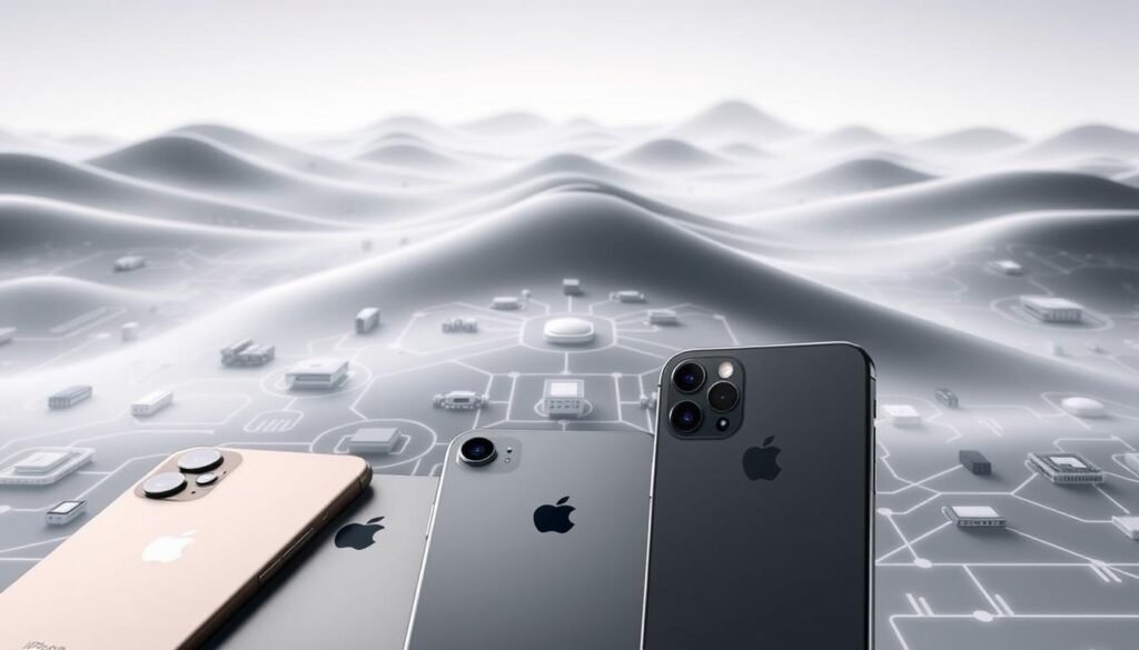 Detailed view of Apple's iOS software update ecosystem. In the foreground, sleek iPhone models in muted tones representing the latest hardware. In the middle ground, a complex network of interconnected software modules, security patches, and performance optimizations. In the background, a serene, minimalist landscape of abstract geometric shapes and gradients, symbolizing the constant evolution and refinement of Apple's mobile operating system. Soft lighting casts an elegant, technical glow over the scene, emphasizing the precision and care Apple applies to its mobile platform. The overall atmosphere conveys a sense of seamless integration, technological prowess, and Apple's commitment to the security and reliability of its devices. Detailed view of Apple's iOS software update ecosystem. In the foreground, sleek iPhone models in muted tones representing the latest hardware. In the middle ground, a complex network of interconnected software modules, security patches, and performance optimizations. In the background, a serene, minimalist landscape of abstract geometric shapes and gradients, symbolizing the constant evolution and refinement of Apple's mobile operating system. Soft lighting casts an elegant, technical glow over the scene, emphasizing the precision and care Apple applies to its mobile platform. The overall atmosphere conveys a sense of seamless integration, technological prowess, and Apple's commitment to the security and reliability of its devices.