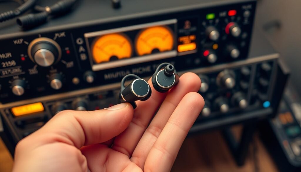 High-angle close-up shot of a person's hand holding a pair of wireless earbuds with a built-in microphone, testing the audio quality by speaking into the mic. The earbuds are positioned in front of a professional-looking audio testing equipment with various knobs, displays, and indicators. The background is blurred, creating a sense of focus on the testing setup. Warm, indirect lighting illuminates the scene, highlighting the textures and details of the earbuds and equipment. The overall mood is one of precision, professionalism, and a focus on evaluating the microphone performance of the wireless earbuds.