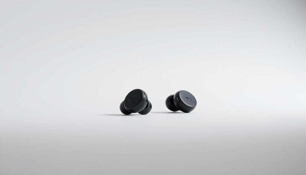 High-quality wireless earbuds set against a sleek, minimalist background. Showcase the earbuds in a well-lit, studio-like environment with a soft, even lighting that accentuates the smooth, glossy surfaces and intricate details. Capture the earbuds from a slightly elevated angle, showcasing their elegant, low-profile design and highlighting the subtle branding or logos. The background should be a simple, neutral color like white or light gray, allowing the earbuds to be the central focus. Convey a sense of premium quality, modern aesthetics, and cutting-edge technology that would appeal to the article's target audience.