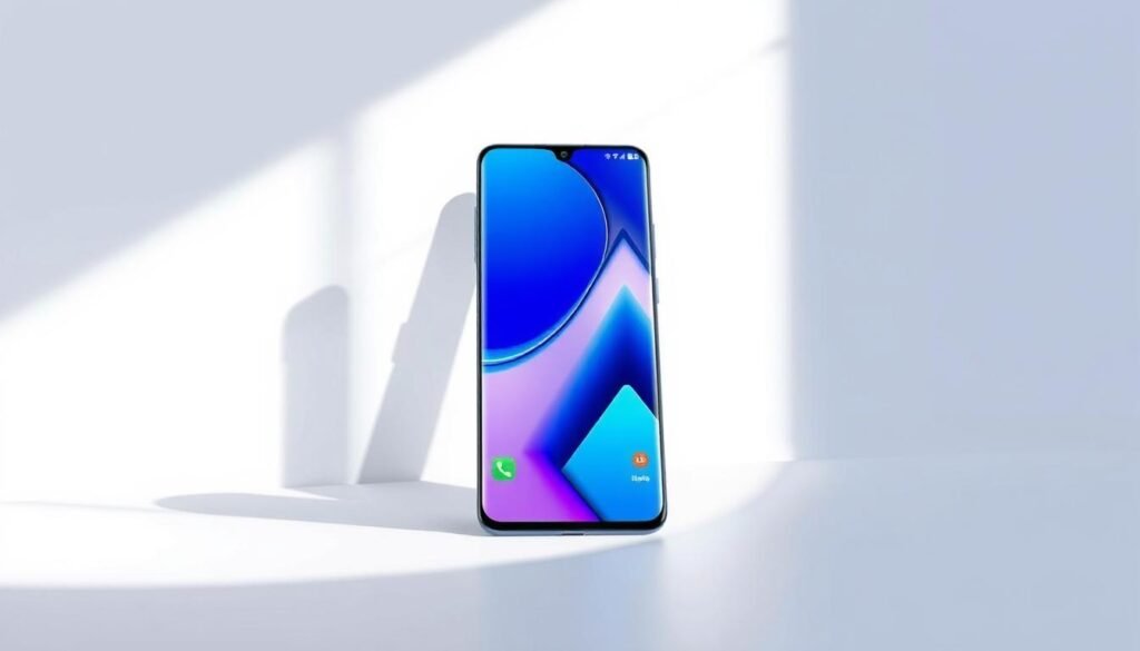 a detailed and realistic digital illustration of the Samsung Galaxy A56 smartphone, showcasing its sleek and modern design. The device is displayed in the foreground, with a clean and minimalist backdrop that highlights its key software features. The screen is illuminated, displaying a vibrant and intuitive user interface that conveys a sense of reliability and efficiency. The overall composition is well-balanced, with soft directional lighting emphasizing the device's curves and premium finish. The image captures the essence of the smartphone's software experience - smooth, responsive, and visually appealing, making it an ideal representation for the "Samsung Galaxy A56: Software Excellence and Reliability" section of the article.