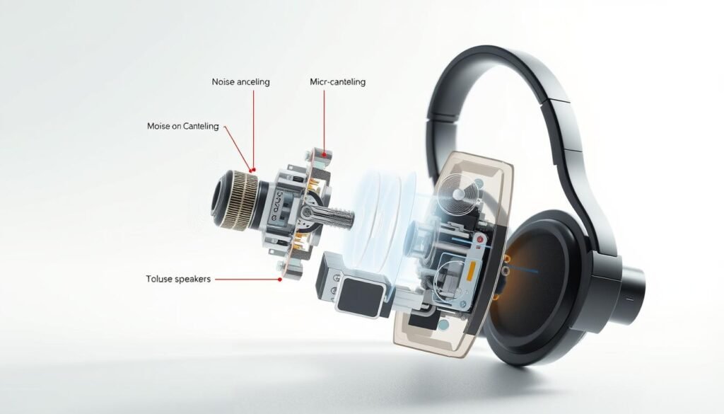 a detailed cutaway diagram of active noise cancellation technology, showcasing the internal components and mechanisms at work. the foreground should feature a clear and precise illustration of the noise-cancelling circuitry, microphones, and speakers, with annotations highlighting their functions. the middle ground should depict the housing or casing of the device, rendered in high detail to convey the engineering complexity. the background should be a clean, minimalist environment, emphasizing the technical nature of the subject matter. the lighting should be bright and directional, creating crisp shadows and highlights to enhance the sense of depth and dimensionality. the overall mood should be one of technical sophistication and precision, conveying the advanced nature of the noise cancellation system.