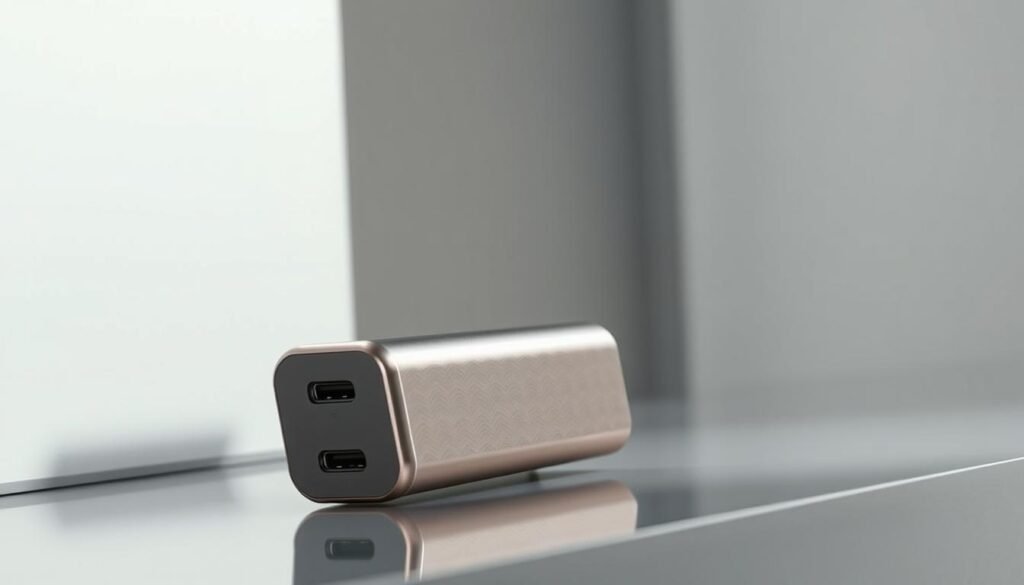 a highly detailed, photorealistic image of a Romoss Sense 8PF power bank in the foreground, with a clean, minimalist background. The power bank is displayed on a sleek, reflective surface, showcasing its elegant design and smart display interface. The lighting is soft and diffused, accentuating the smooth curves and premium materials of the device. The angle is slightly elevated, providing a clear view of the power bank's ports, buttons, and digital readout. The overall mood is one of sophistication, highlighting the power bank's advanced features and high-quality construction.