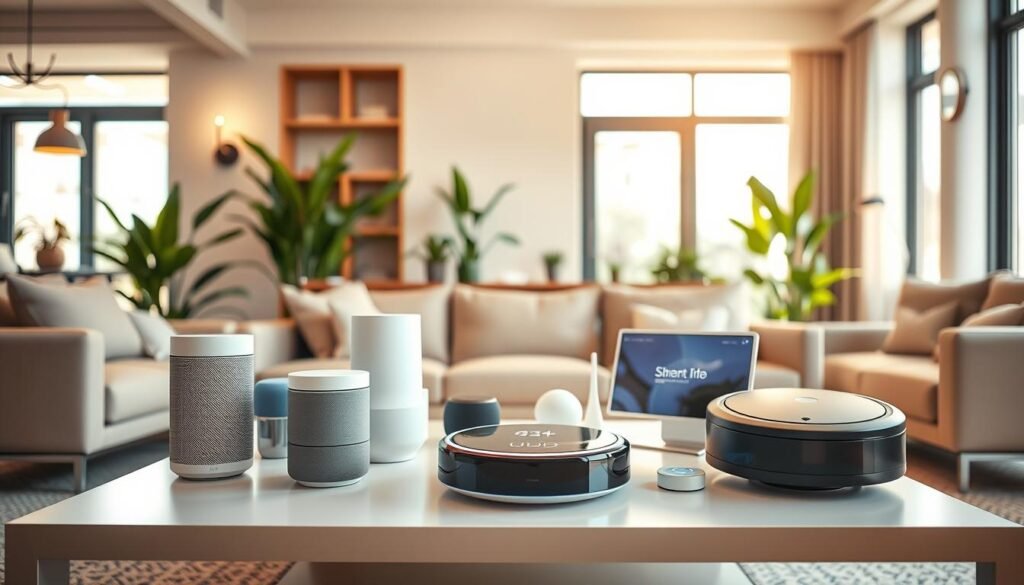 an inviting, modern living room setting with sleek furniture, showcasing a diverse range of AI-powered smart assistants on a stylish coffee table, including voice-activated speakers, smart displays, and a robotic vacuum, all designed with futuristic aesthetics. In the foreground, the devices are elegantly arranged, illuminated by soft natural light streaming through large windows, creating an atmosphere of innovation and comfort. The background features green indoor plants giving a touch of nature, and subtle technology accents like smart lighting fixtures. The scene is captured from a slightly elevated angle to provide depth, with a warm color palette that conveys a sense of friendliness and advanced technology. The overall mood is inspiring and forward-looking, highlighting the integration of technology into everyday life.